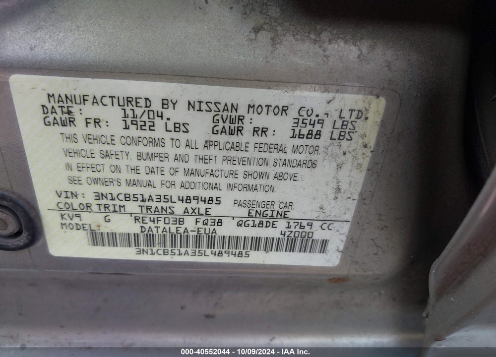 2005 NISSAN SENTRA VIN: 3N1CB51A35L489485