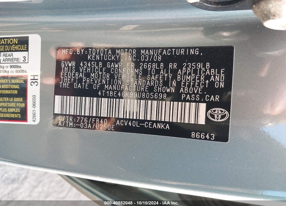 2009 TOYOTA CAMRY LE VIN: 4T1BE46K99U805698