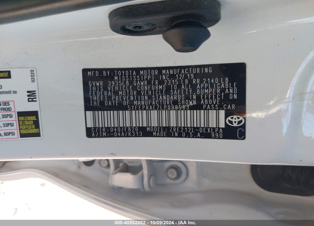 2020 TOYOTA COROLLA LE VIN: 5YFEPRAE7LP098583
