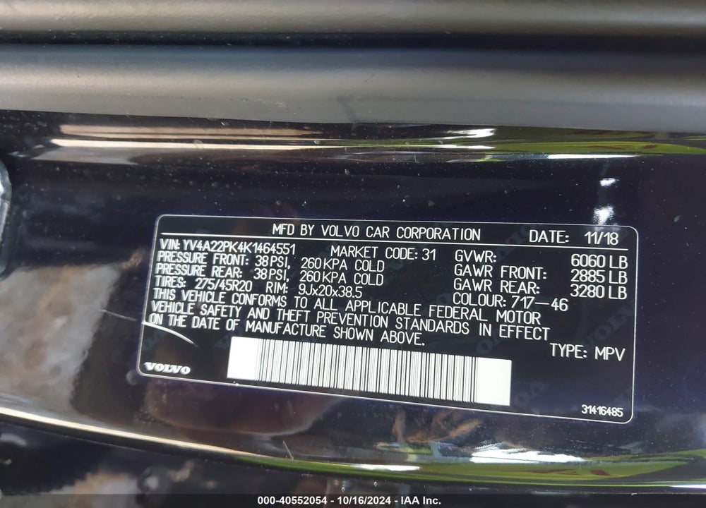 2019 VOLVO XC90 T6 MOMENTUM VIN: YV4A22PK4K1464551