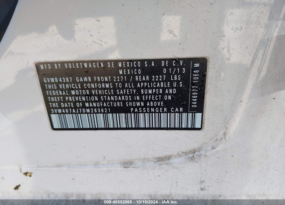 2013 VOLKSWAGEN JETTA VIN: 3VW467AJ7DM263621