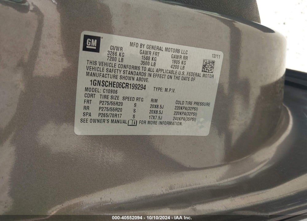 2012 CHEVROLET SUBURBAN 1500 LS VIN: 1GNSCHE06CR199294