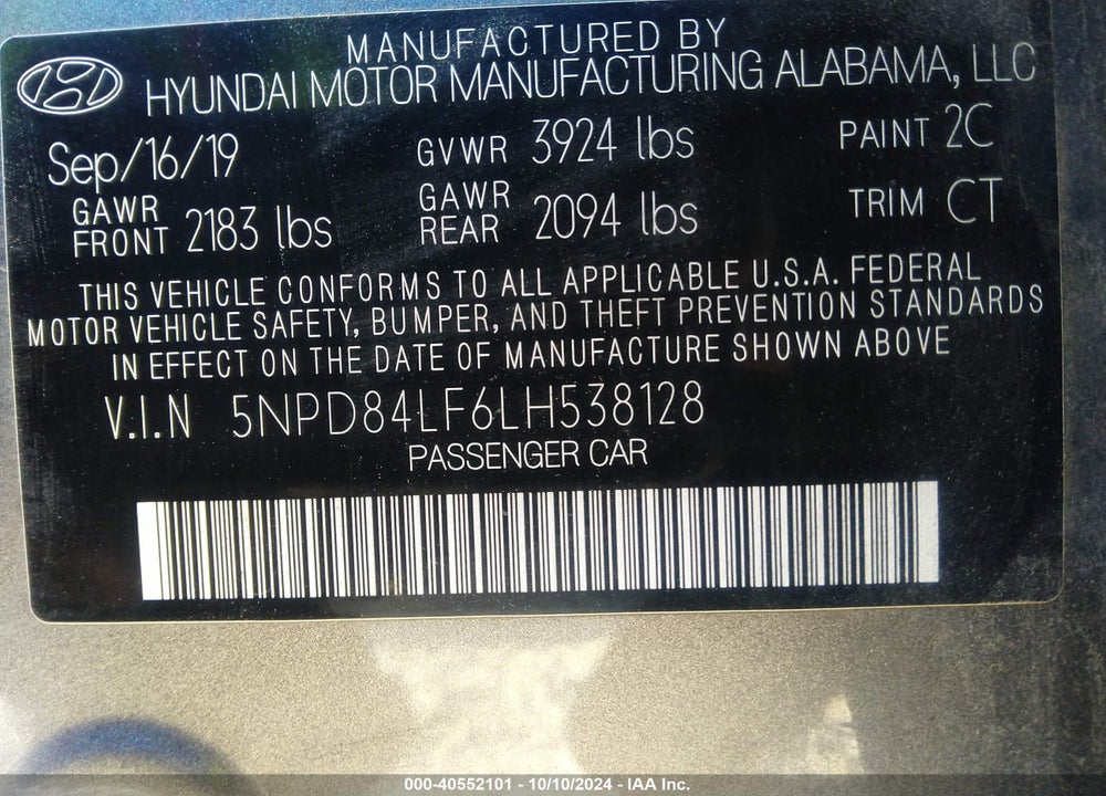 2020 HYUNDAI ELANTRA SEL VIN: 5NPD84LF6LH538128