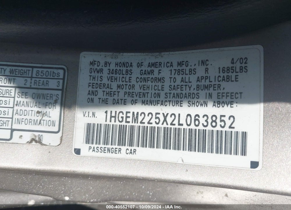2002 HONDA CIVIC LX VIN: 1HGEM225X2L063852