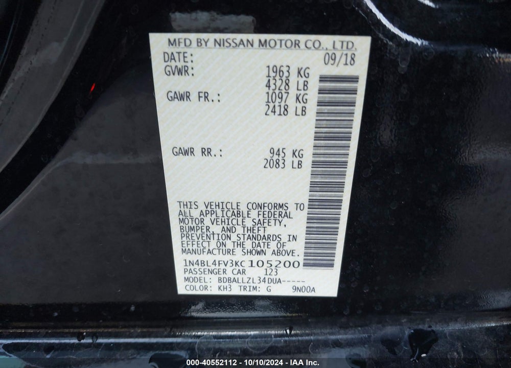 2019 NISSAN ALTIMA 2.5 PLATINUM VIN: 1N4BL4FV3KC105200