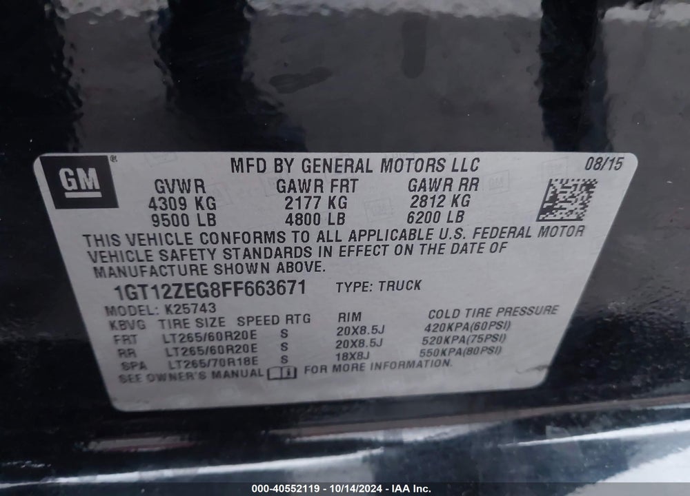 2015 GMC SIERRA 2500HD SLT VIN: 1GT12ZEG8FF663671