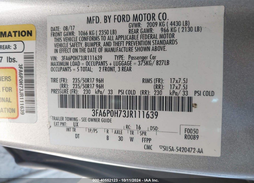 2018 FORD FUSION SE VIN: 3FA6P0H73JR111639