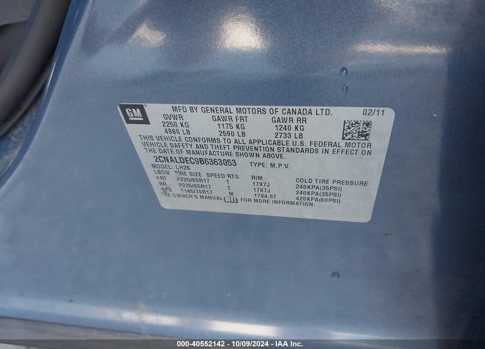 2011 CHEVROLET EQUINOX 1LT VIN: 2CNALDEC9B6363053