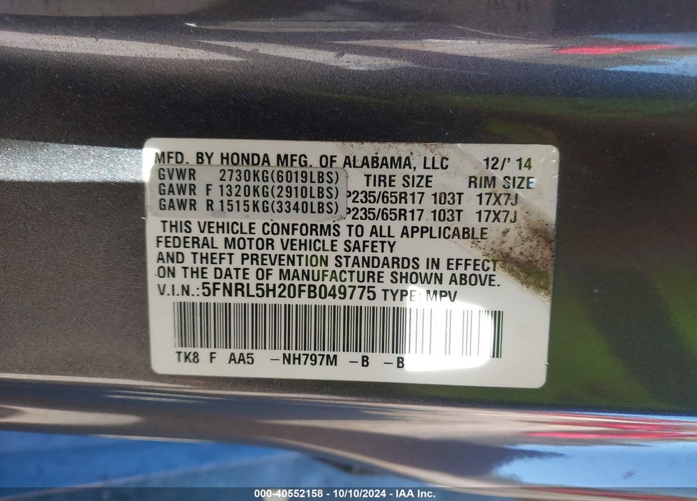 2015 HONDA ODYSSEY LX VIN: 5FNRL5H20FB049775
