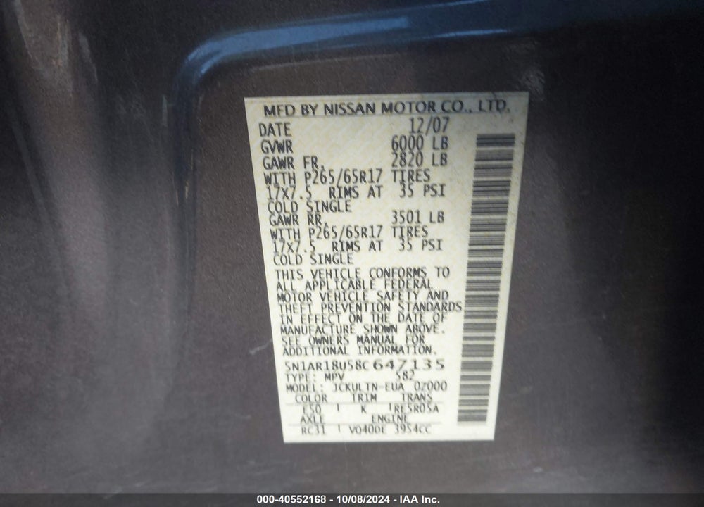 2008 NISSAN PATHFINDER SE VIN: 5N1AR18U58C647135