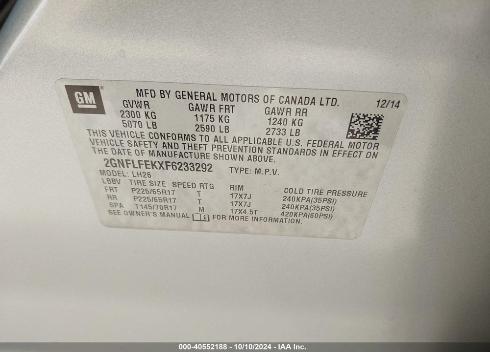 2015 CHEVROLET EQUINOX 1LT VIN: 2GNFLFEKXF6233292