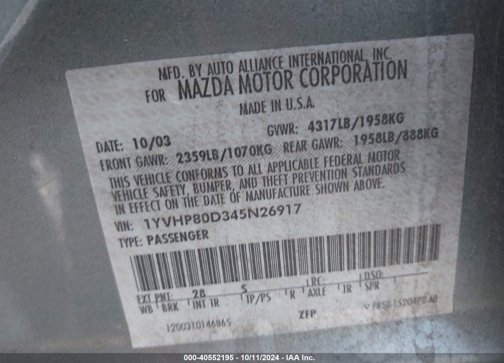 2004 MAZDA 6 S VIN: 1YVHP80D345N26917
