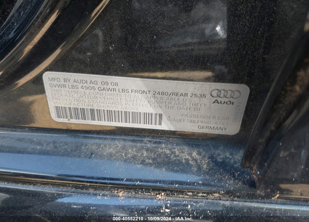 2009 AUDI A4 2.0T PREMIUM VIN: WAULF78KX9N026161