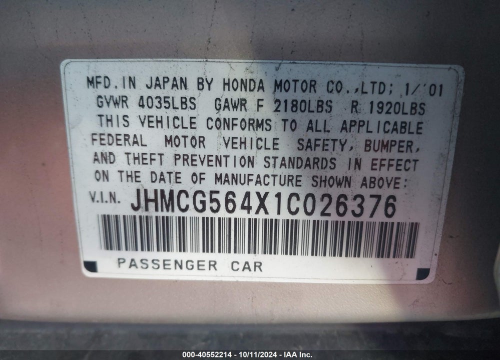 2001 HONDA ACCORD 2.3 LX VIN: JHMCG564X1C026376