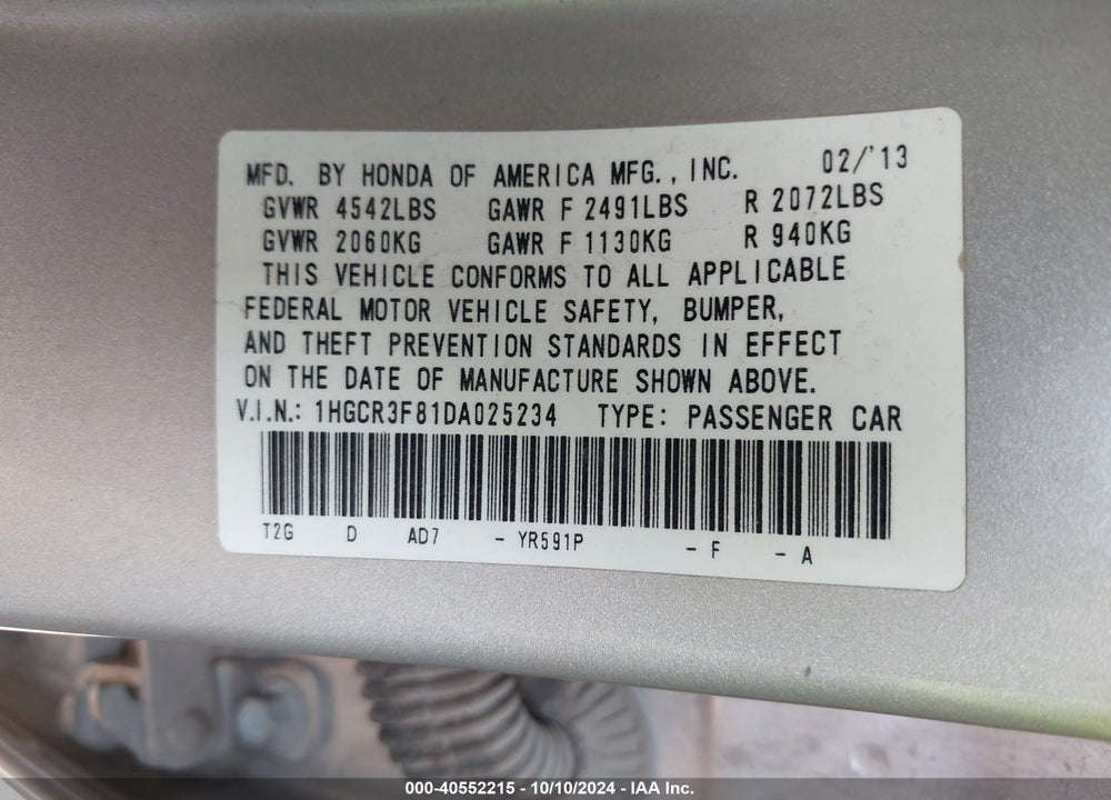 2013 HONDA ACCORD EX-L V-6 VIN: 1HGCR3F81DA025234