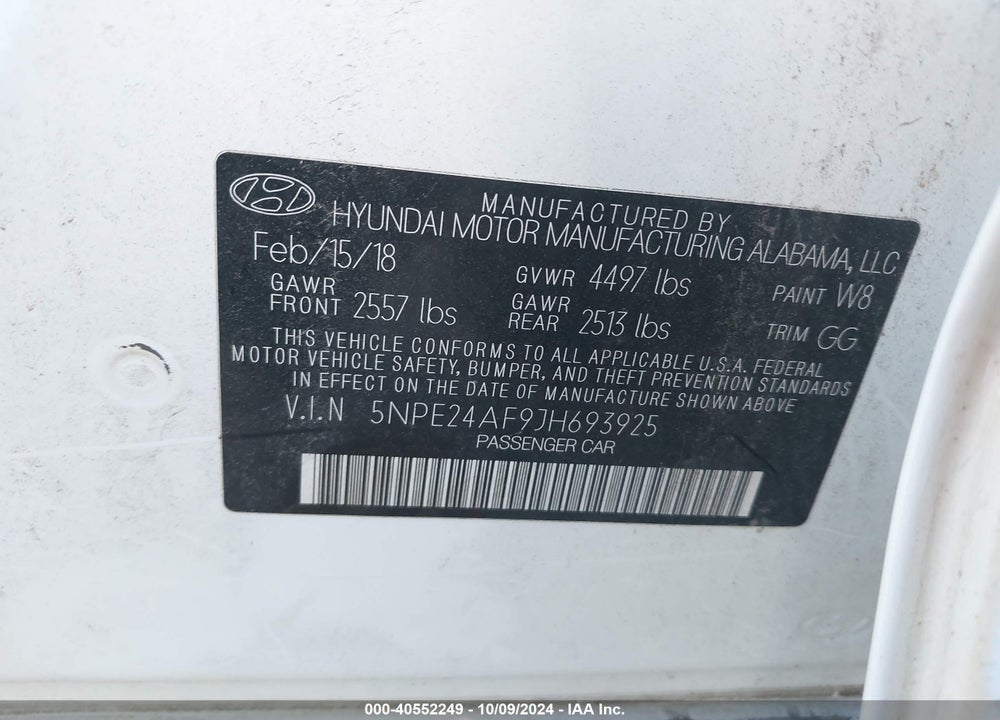 2018 HYUNDAI SONATA SE VIN: 5NPE24AF9JH693925