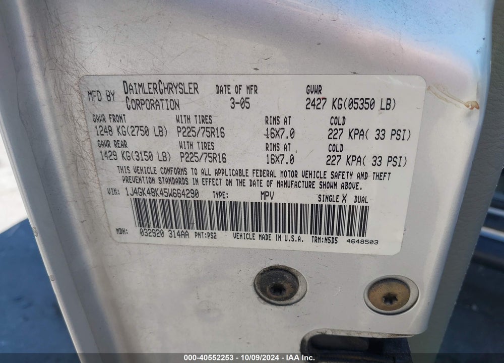 2005 JEEP LIBERTY SPORT VIN: 1J4GK48K45W664290