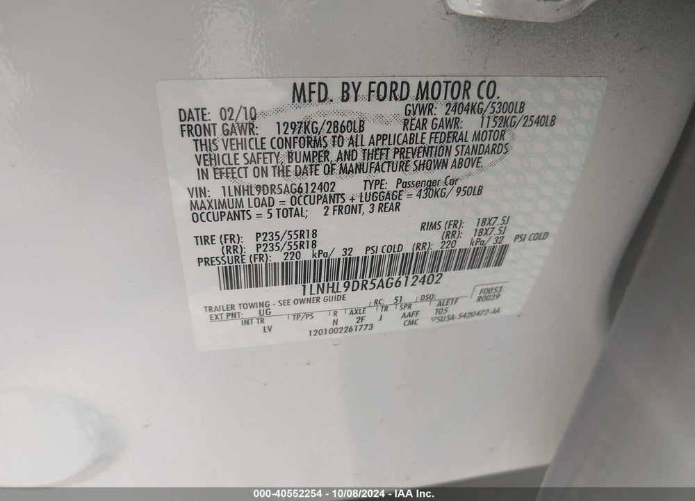 2010 LINCOLN MKS VIN: 1LNHL9DR5AG612402