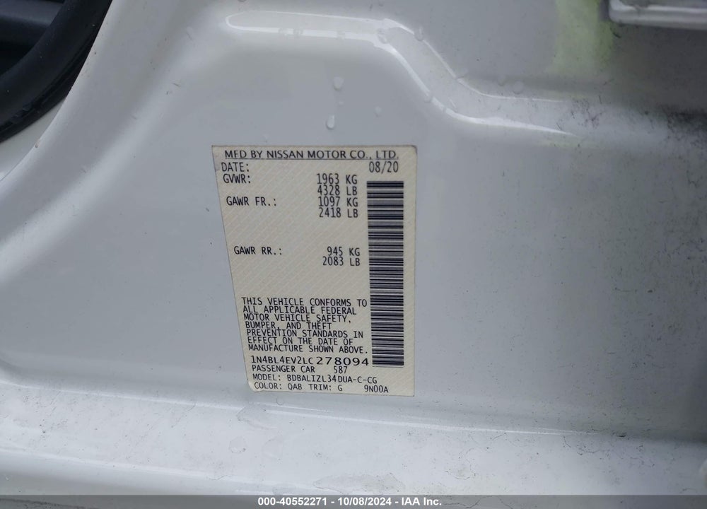 2020 NISSAN ALTIMA SL FWD VIN: 1N4BL4EV2LC278094