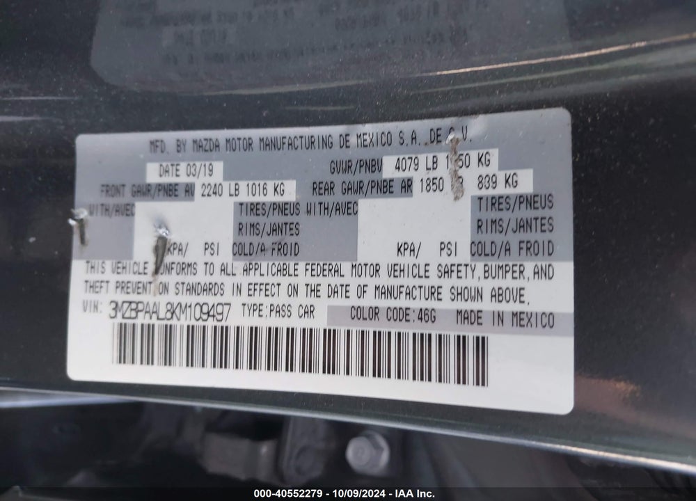 2019 MAZDA 3 SELECT PACKAGE VIN: 3MZBPAAL8KM109497