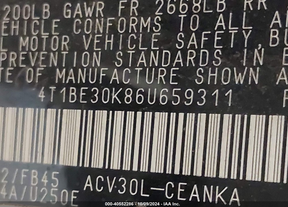 2006 TOYOTA CAMRY LE VIN: 4T1BE30K86U659311