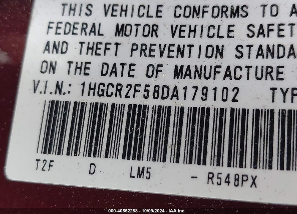 2013 HONDA ACCORD VIN: 1HGCR2F58DA179102