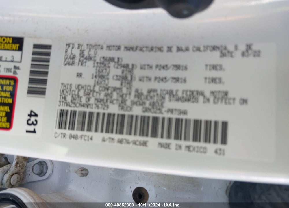 2022 TOYOTA TACOMA VIN: 3TMAZ5CN4NM176729