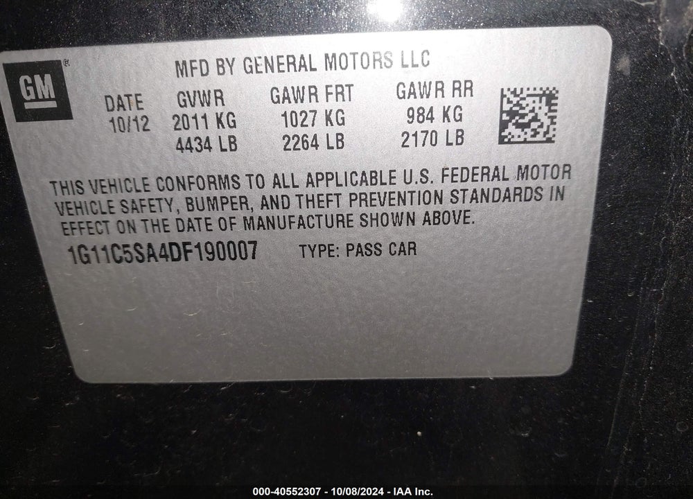 2013 CHEVROLET MALIBU 1LT VIN: 1G11C5SA4DF190007