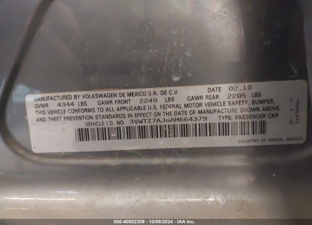 2010 VOLKSWAGEN JETTA SE VIN: 3VWTZ7AJ6AM664379