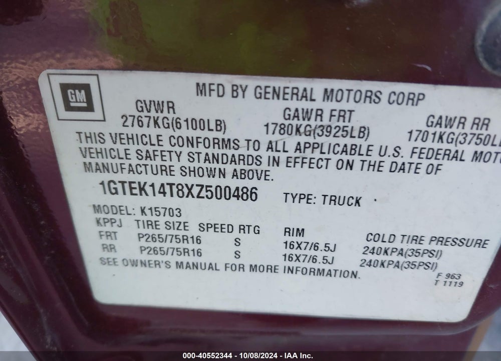 1999 GMC SIERRA 1500 SLE VIN: 1GTEK14T8XZ500486