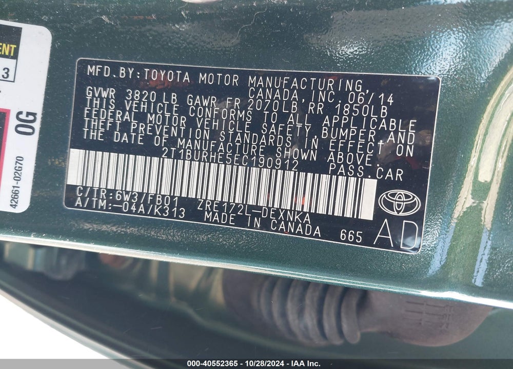2014 TOYOTA COROLLA LE VIN: 2T1BURHE5EC190912