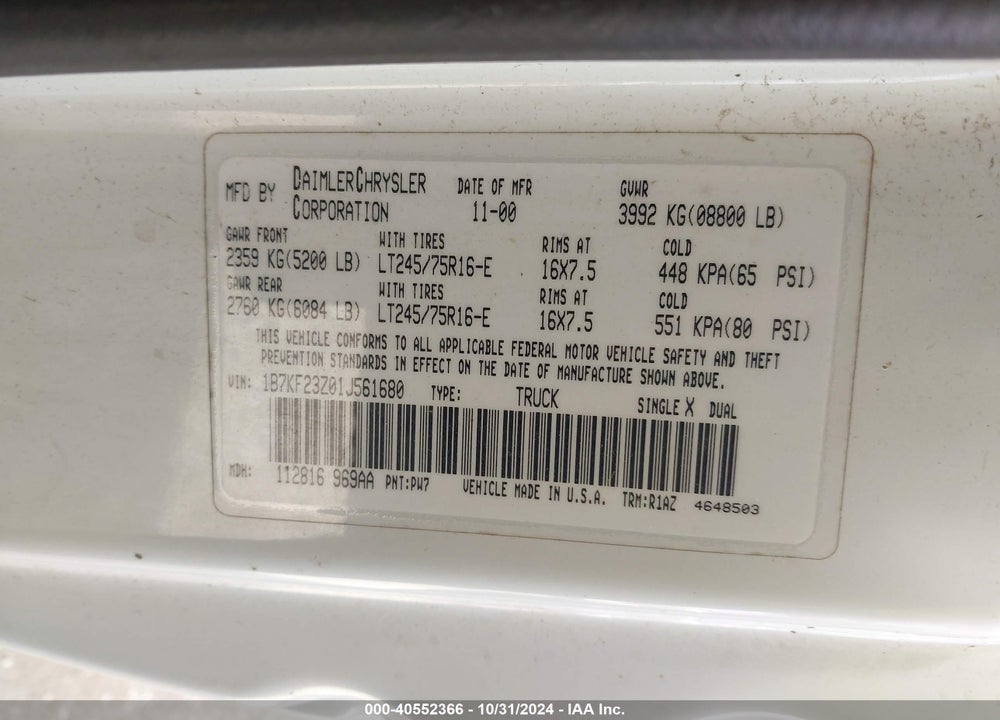 2001 DODGE RAM 2500 ST VIN: 1B7KF23Z01J561680