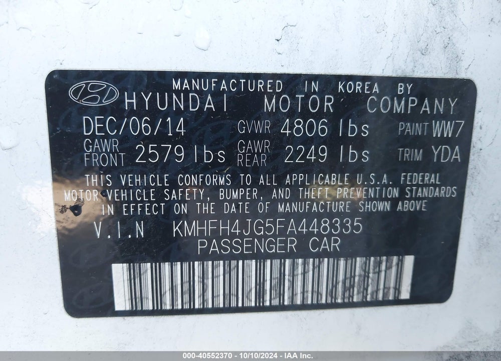 2015 HYUNDAI AZERA LIMITED VIN: KMHFH4JG5FA448335