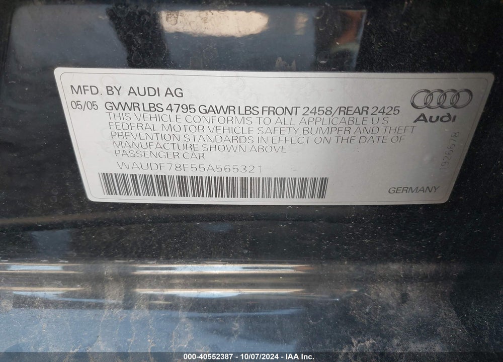 2005 AUDI A4 2.0T VIN: WAUDF78E55A565321