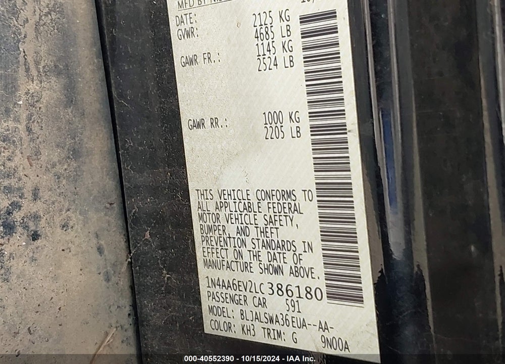 2020 NISSAN MAXIMA SR XTRONIC CVT VIN: 1N4AA6EV2LC386180