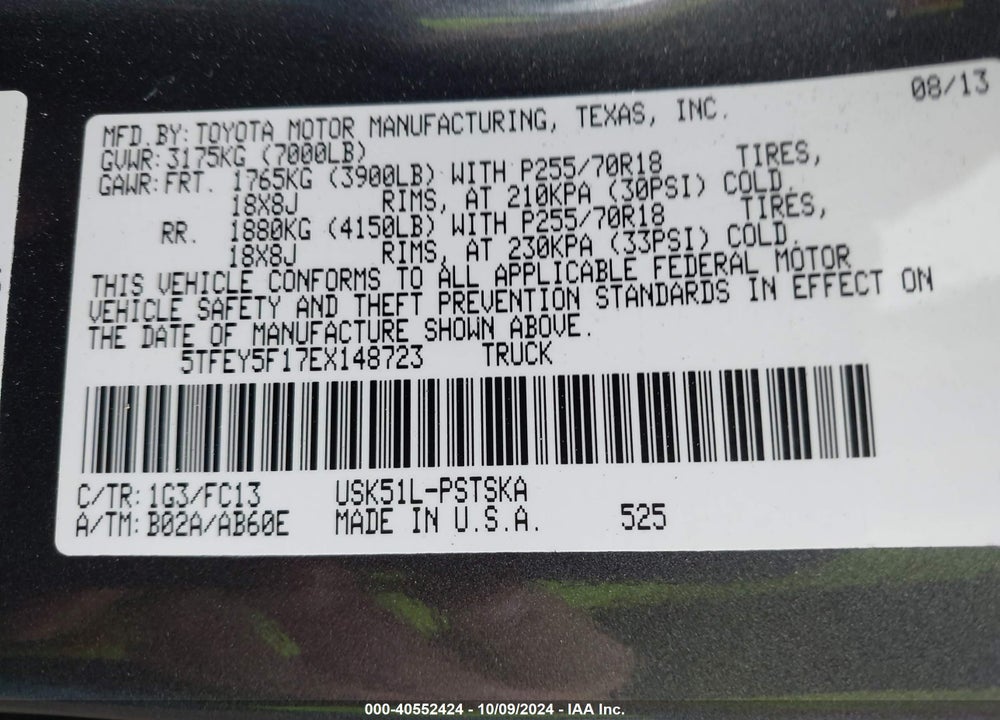 2014 TOYOTA TUNDRA SR5 5.7L V8 VIN: 5TFEY5F17EX148723