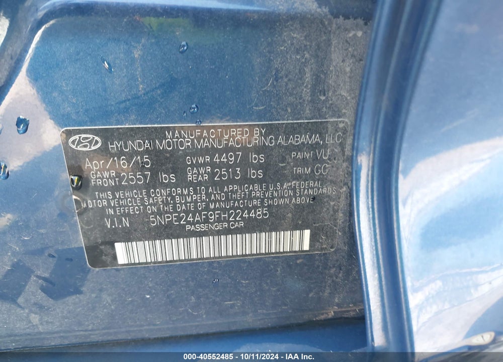 2015 HYUNDAI SONATA SE VIN: 5NPE24AF9FH224485