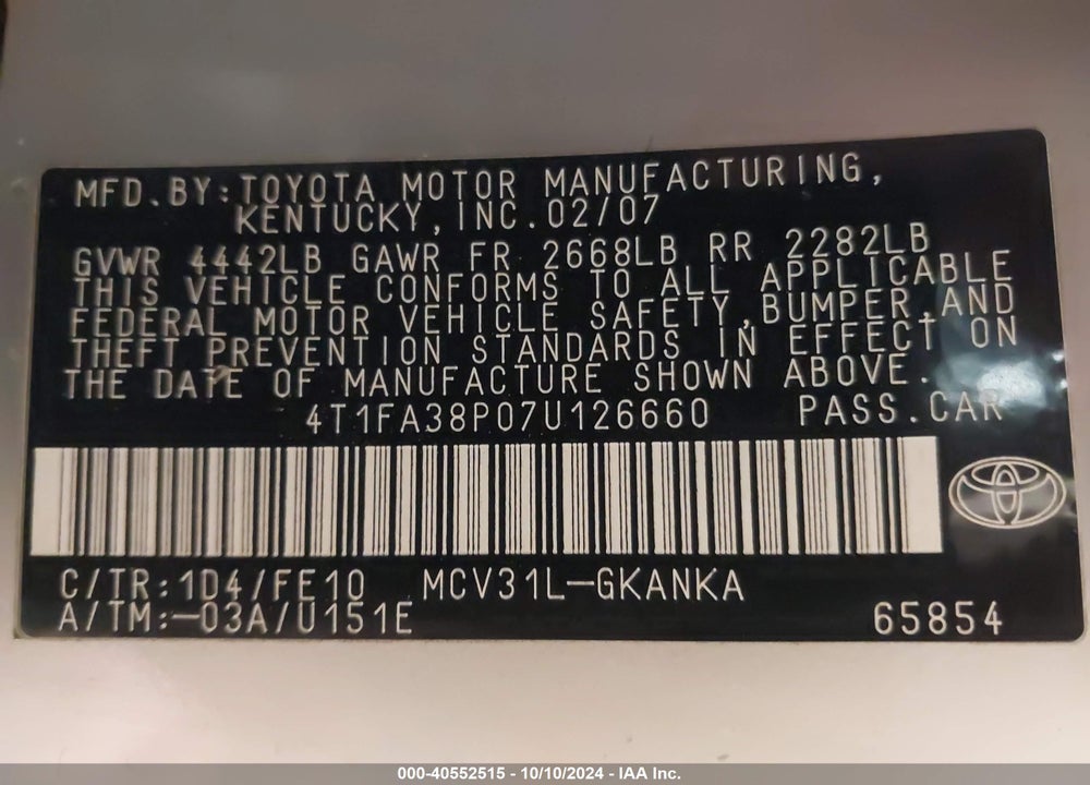 2007 TOYOTA CAMRY SOLARA SE VIN: 4T1FA38P07U126660