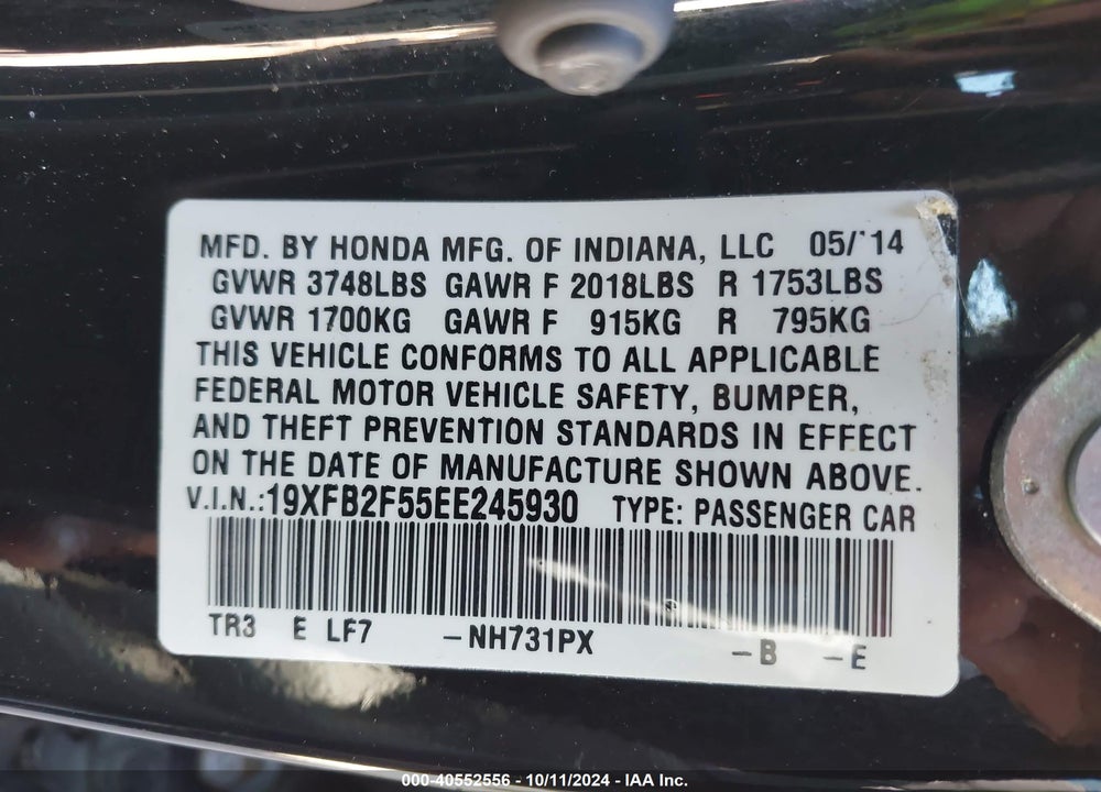 2014 HONDA CIVIC LX VIN: 19XFB2F55EE245930