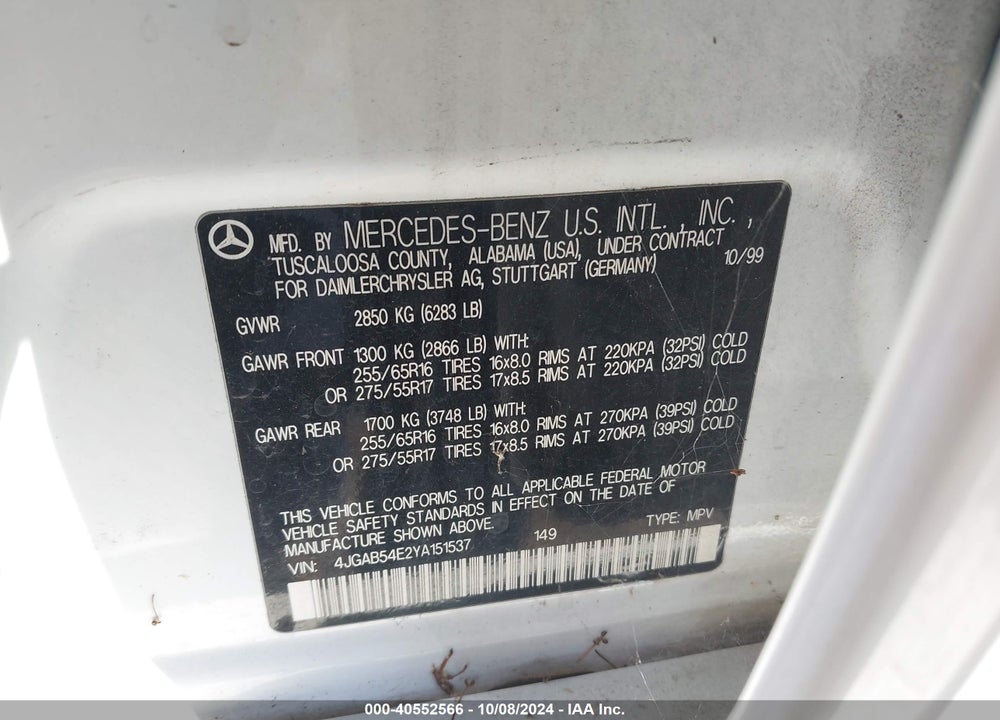 2000 MERCEDES-BENZ ML 320 VIN: 4JGAB54E2YA151537