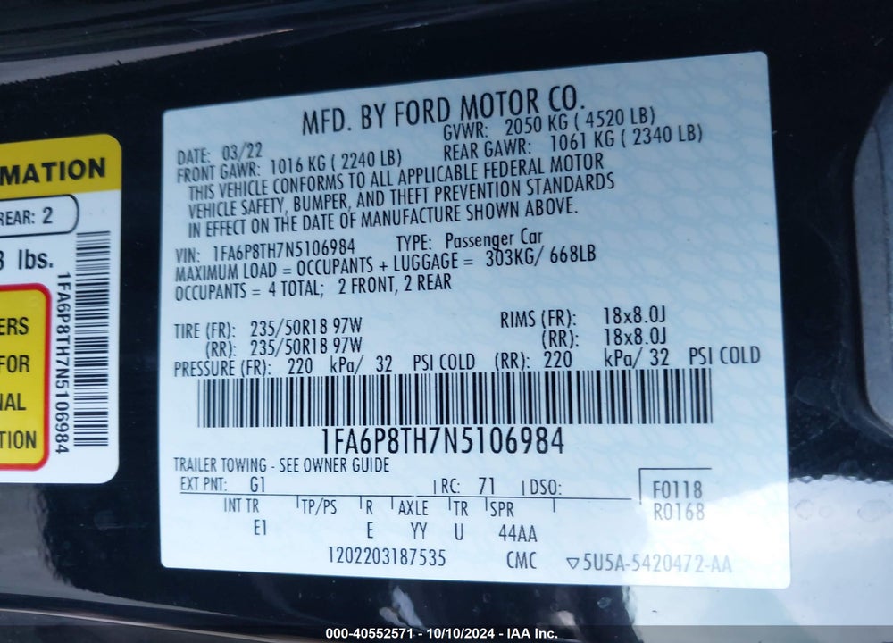 2022 FORD MUSTANG ECOBOOST PREMIUM VIN: 1FA6P8TH7N5106984