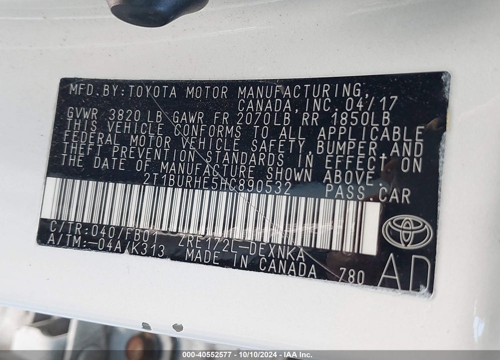 2017 TOYOTA COROLLA VIN: 2T1BURHE5HC890532