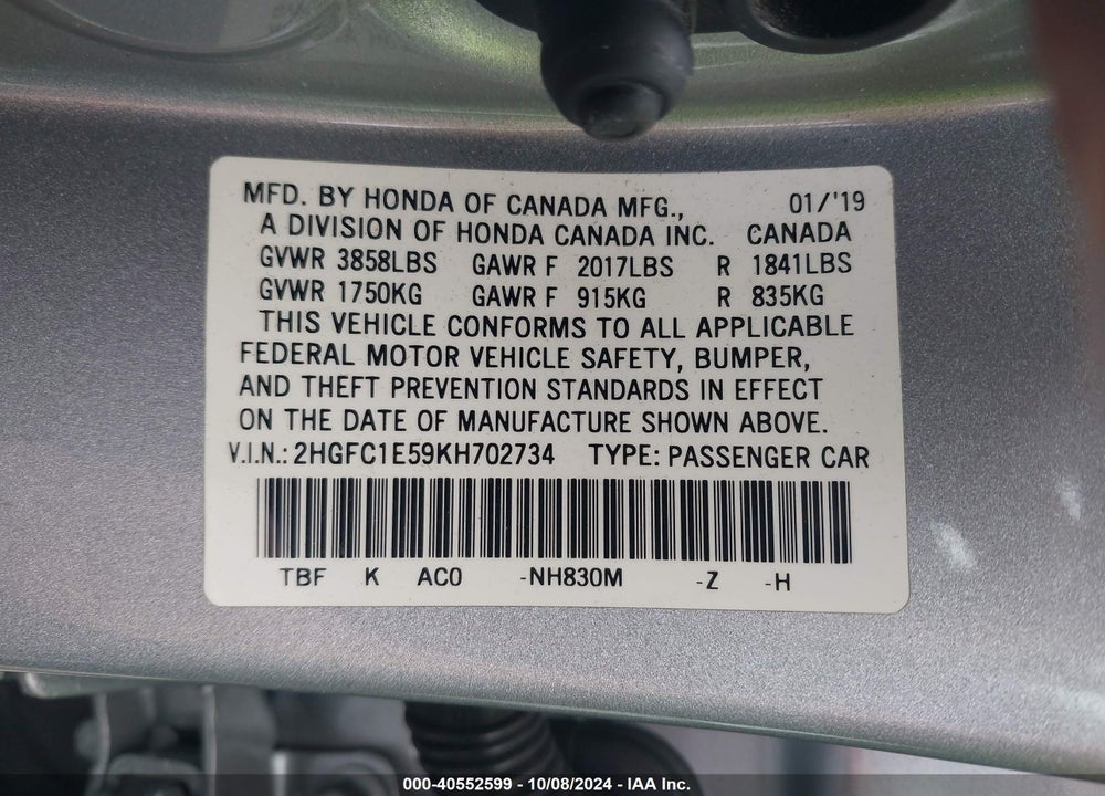 2019 HONDA CIVIC SI VIN: 2HGFC1E59KH702734