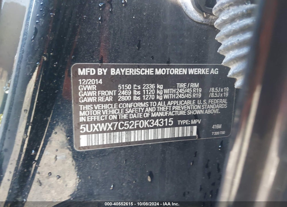 2015 BMW X3 XDRIVE35I VIN: 5UXWX7C52F0K34315