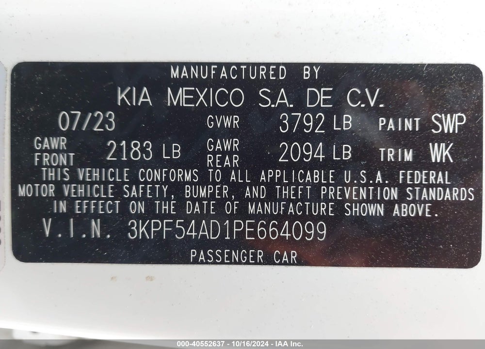 2023 KIA FORTE VIN: 3KPF54AD1PE664099
