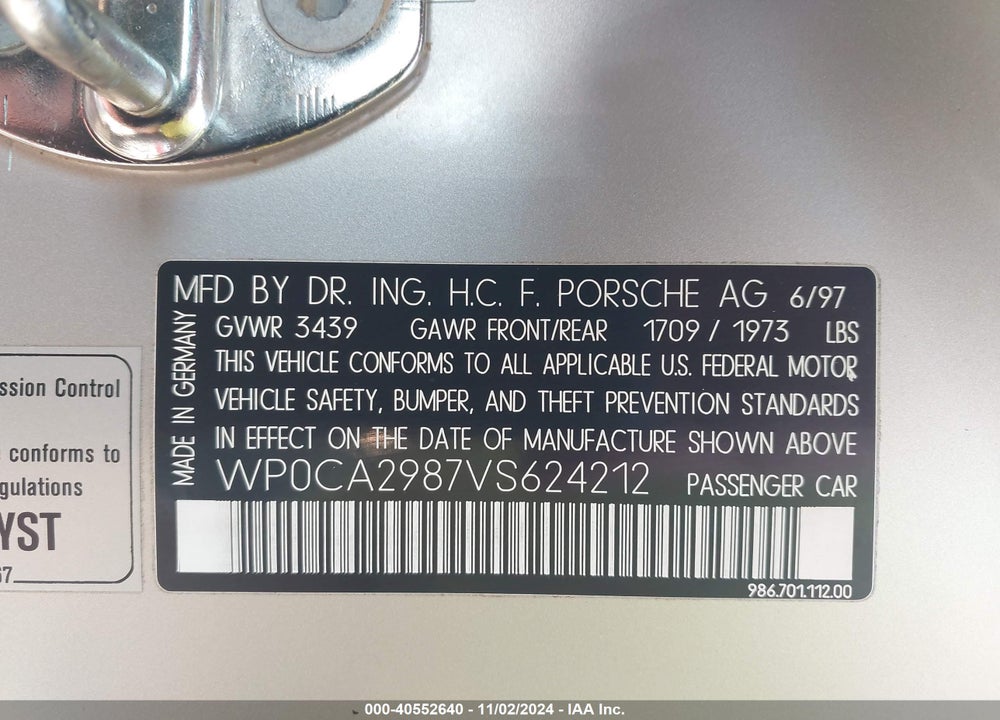 1997 PORSCHE BOXSTER VIN: WP0CA2987VS624212