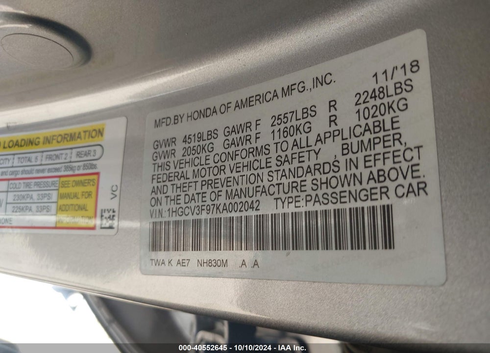 2019 HONDA ACCORD HYBRID TOURING VIN: 1HGCV3F97KA002042
