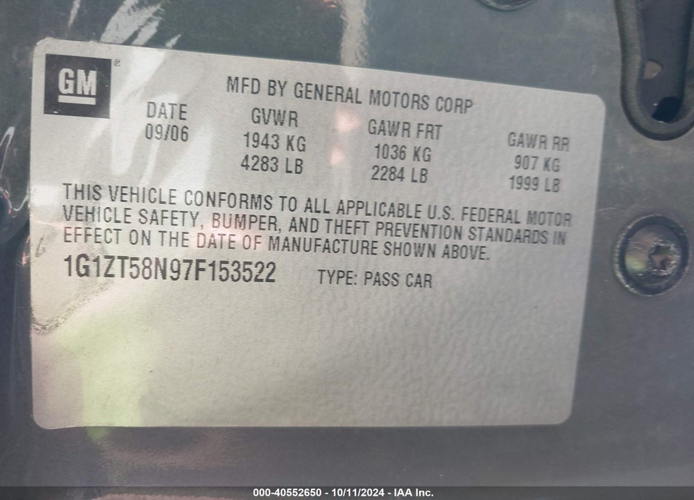 2007 CHEVROLET MALIBU VIN: 1G1ZT58N97F153522