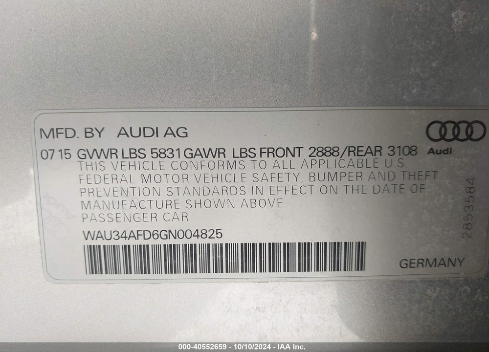 2016 AUDI A8 L 3.0T VIN: WAU34AFD6GN004825