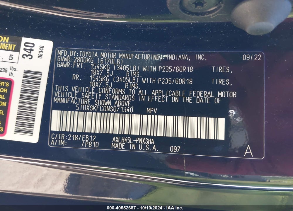 2022 TOYOTA SIENNA XSE VIN: 5TDXSKFC0NS071340